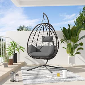 Outdoor Indoor Wicker Egg Swing Chair with Stand 350 lbs. Capacity Strong Frame Gray Cushions, Patio, Balcony, Bedroom