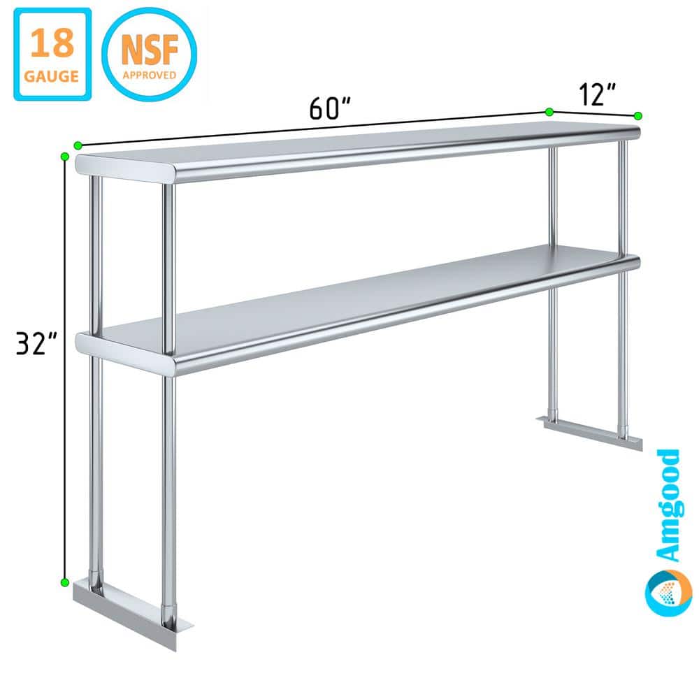 60" Stainless Steel Double-Tier Adjustable Kitchen Shelf