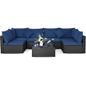 7-Piece Wicker Outdoor Patio Conversation Set Sectional Sofa Set with Navy Cushions and Tempered Glass Top Coffee Table