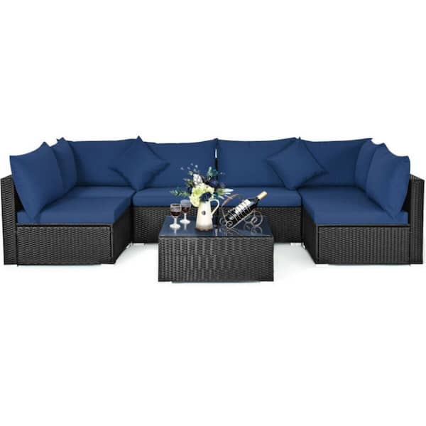 Clihome 7-Piece Wicker Outdoor Patio Conversation Set Sectional Sofa Set with Navy Cushions and Tempered Glass Top Coffee Table