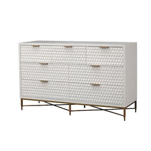 56 in. White 7-Drawer Dresser with Metal Legs and Honeycomb Design