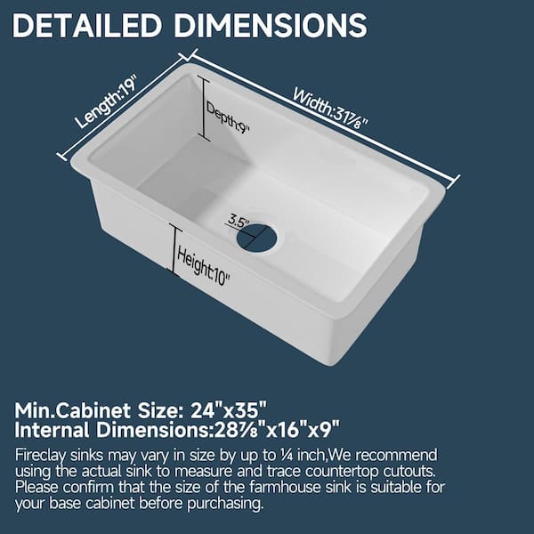 Kuomih White Fireclay 32 in. Single Bowl Undermount/Drop-In