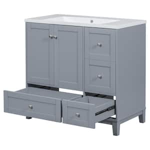 36 in. W x 18 in. D x 34 in. H Freestanding Bath Vanity in Gray Blue Single Sink with White Resin Top with USB Charging