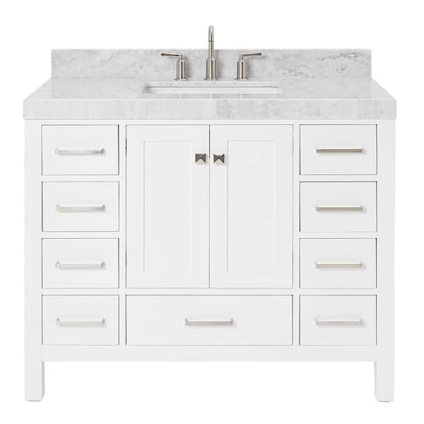 Cambridge 42 in. Single Sink Freestanding Bathroom Vanity in White with Carrara White Marble Top