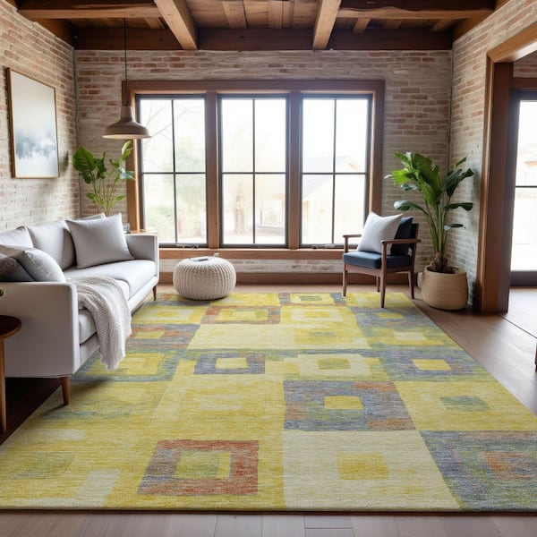 Mayfield Premium Machine Washable Abstract AMF1142 Yellow 10 ft. x 14 ft. Area Rug