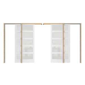 64 in. x 80 in. (Double 32 in. Doors) 5 Panel Frosted Glass Painted, White MDF Wood Pocket Door Frame with All Hardware