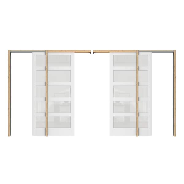 64 in. x 80 in. (Double 32 in. Doors) 5 Panel Frosted Glass Painted, White MDF Wood Pocket Door Frame with All Hardware