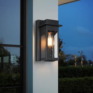 10.75 in. Black Outdoor Hardwired Wall Lantern Sconce with Clear Tempered Seeded Glass