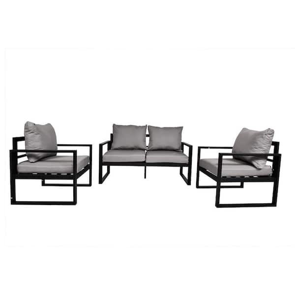 URTR Black 3-Piece Metal Outdoor Sectional Set, Patio Sofa Set 2 Single Armchairs and 1 Love Seat Sofa with Gray Cushion