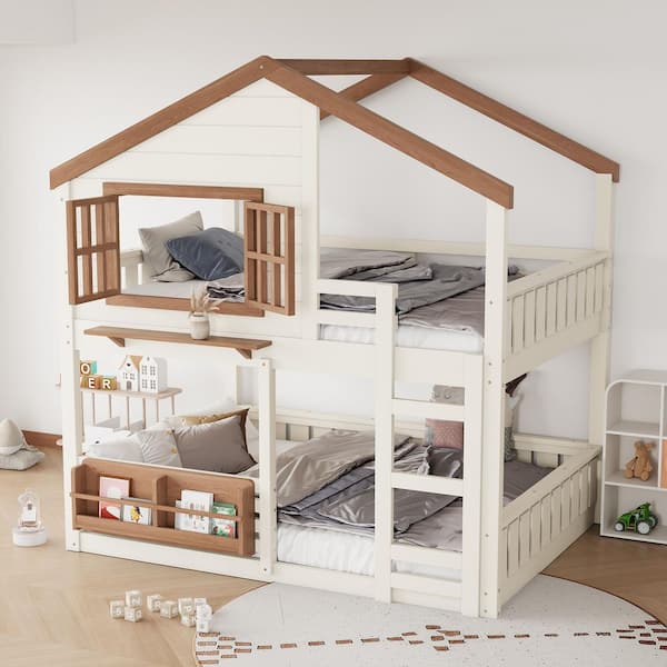 Emanuel Beige Full Over Full Wood House Design Bunk Bed with Bookshelf and Safety Fencing