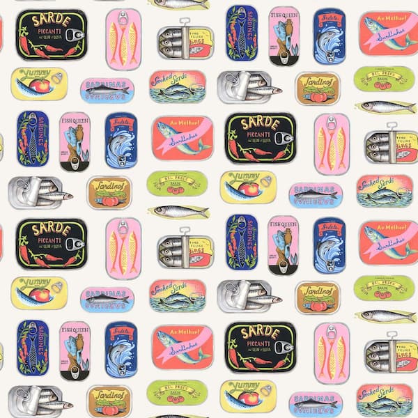 WallPOPs rachel antonoff NuWallpaper White Sardine Tins Matte Vinyl Peel and Stick Wallpaper