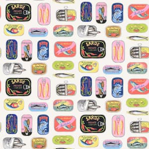 Rachel Antonoff NuWallpaper White Sardine Tins Matte Vinyl Peel and Stick Wallpaper Sample