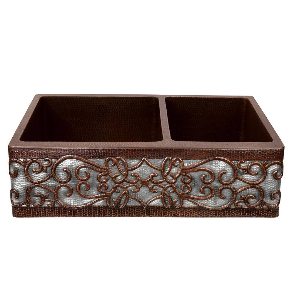 33" Hammered Copper Farmhouse Double Basin Sink with Scroll Design