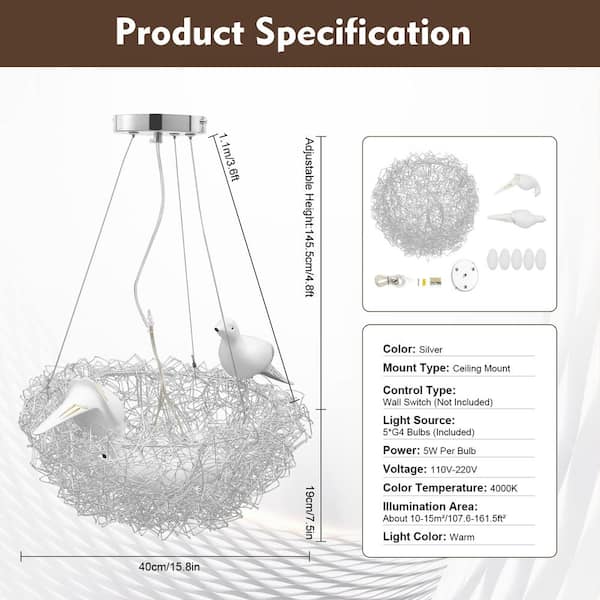 OUKANING 15.74 in. 5-Light White Creative Bird Nest Shaded