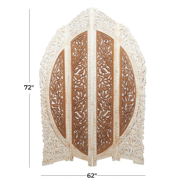 6 ft. Brown 4 Panel Floral Handmade Foldable Arched Partition Room Divider Screen with Intricately Carved Designs