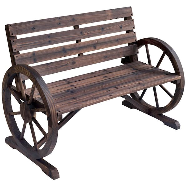 Huluwat 41.5 in.W 2-Person Wood Rustic Outdoor Wagon Wheel Bench with Backrest, Carbonized