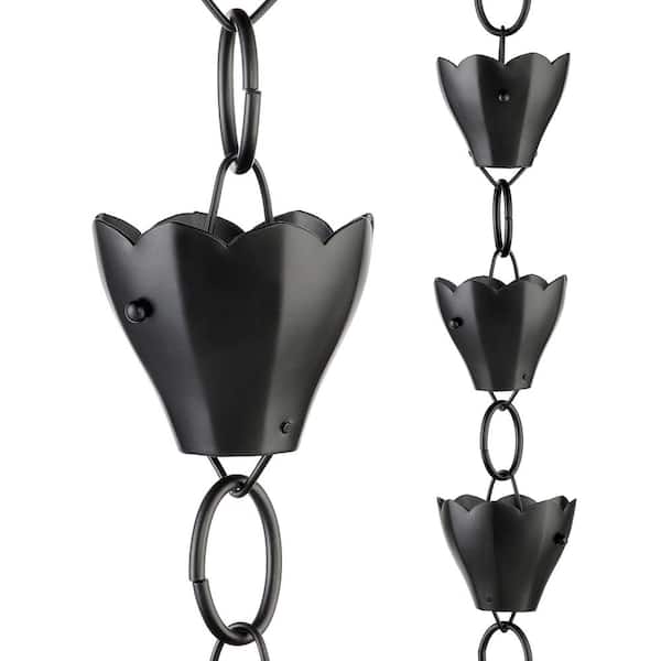 Good Directions 13 Cup Tulip Black Aluminum 8.5 ft. Rain Chain with Gutter Installation Clip