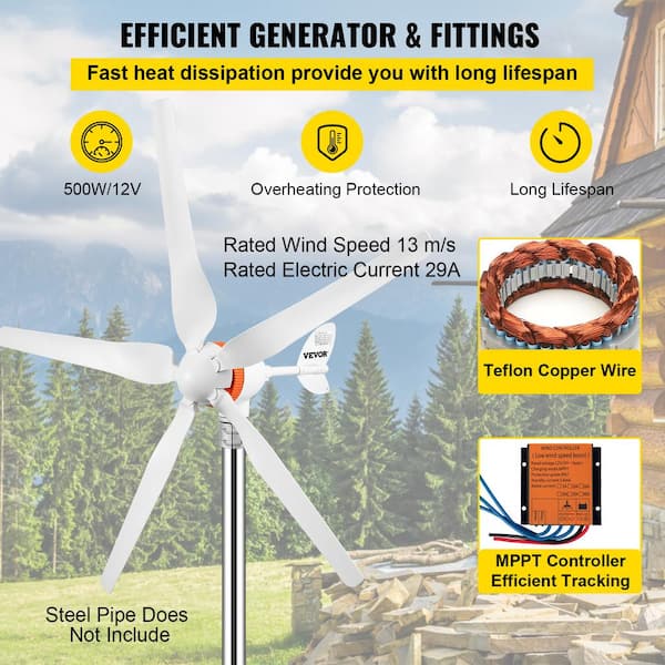 VEVOR Wind Turbine Generator 500-Watt 5 Blades Auto Adjust Windward  Direction Wind Power Generator with MPPT Controller YFLFDJDKZQS7-8EYLV0 -  The Home Depot