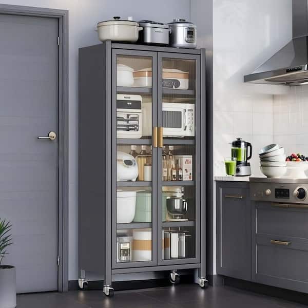 Gray 6-Tier Metal Kitchen Pantry Storage Cabinet with Transparent Door, Adjustable Shelves and Wheels