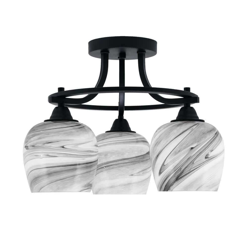 Madison 15.5 in. 3-Light Matte Black Semi-Flush Mount with Onyx Swirl Glass