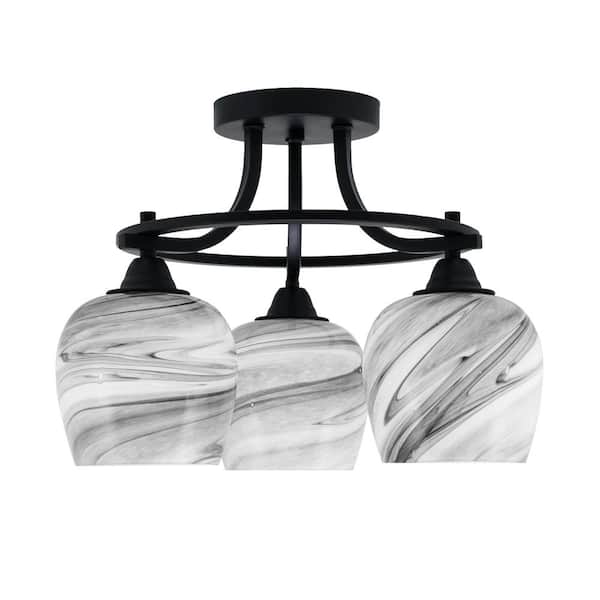 Unbranded Madison 15.5 in. 3-Light Matte Black Semi-Flush Mount with Onyx Swirl Glass Shade