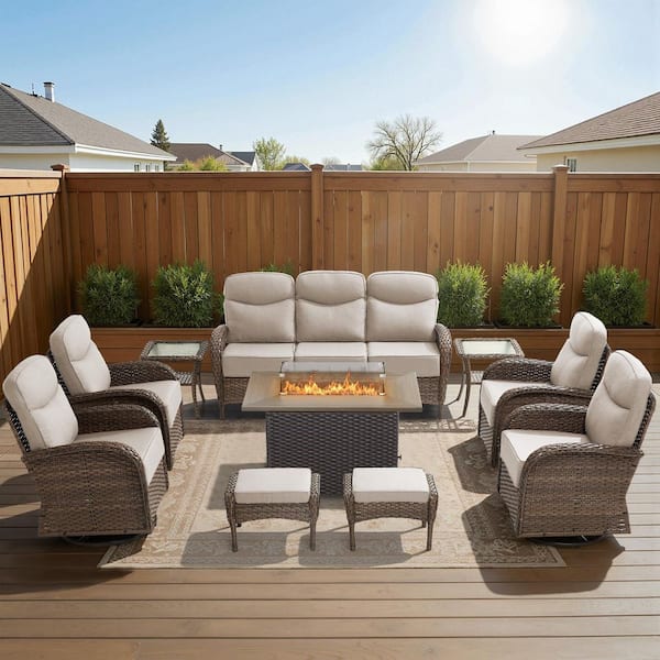 High Crescent 10-Piece Brown Wicker Patio Conversation Set with Beige Cushions and Wicker Fire Pit Table