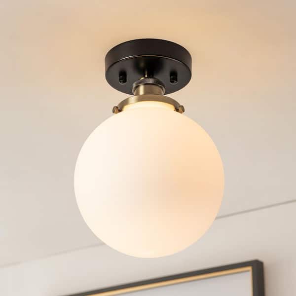 Charmaine 7.87 in. 1-Light Modern Charming Antique Brass with Matte Black Opal Glass Semi-Flush Mount Light