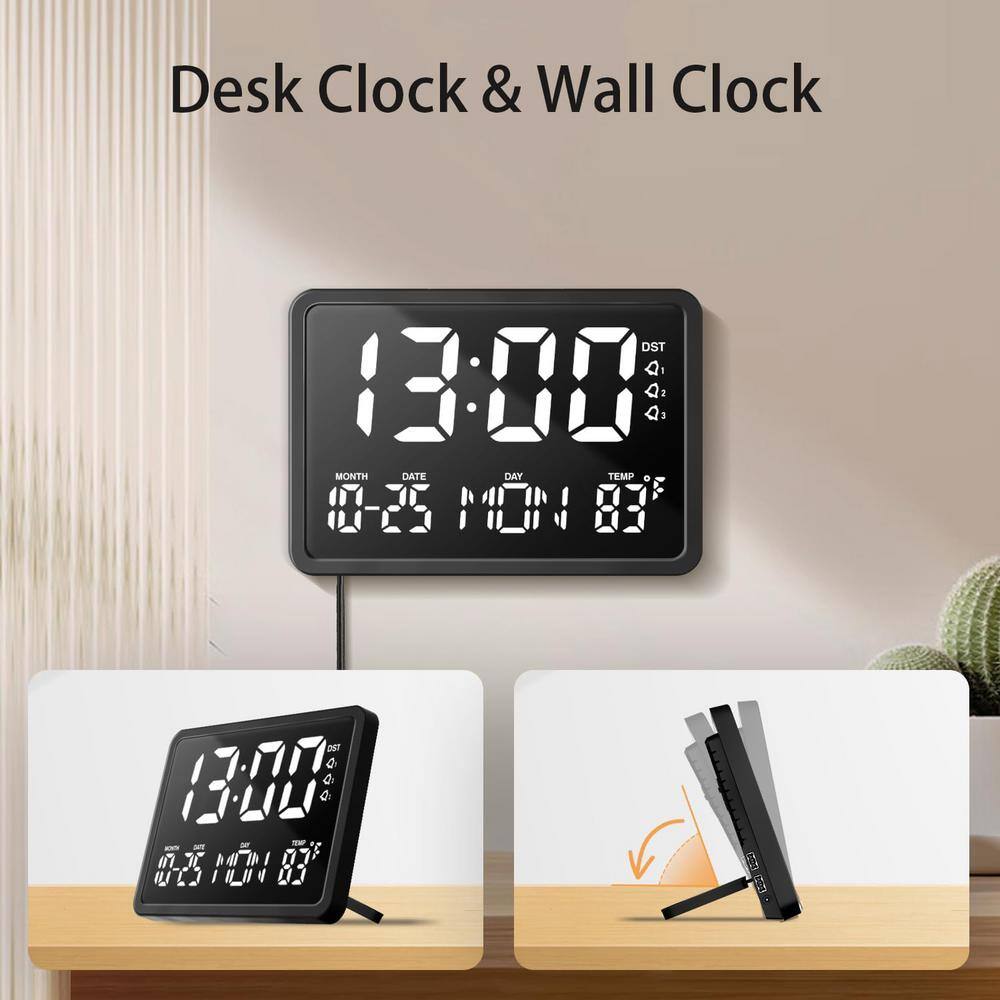 10.5" Black Digital Clock with Large Display and Dual Alarms