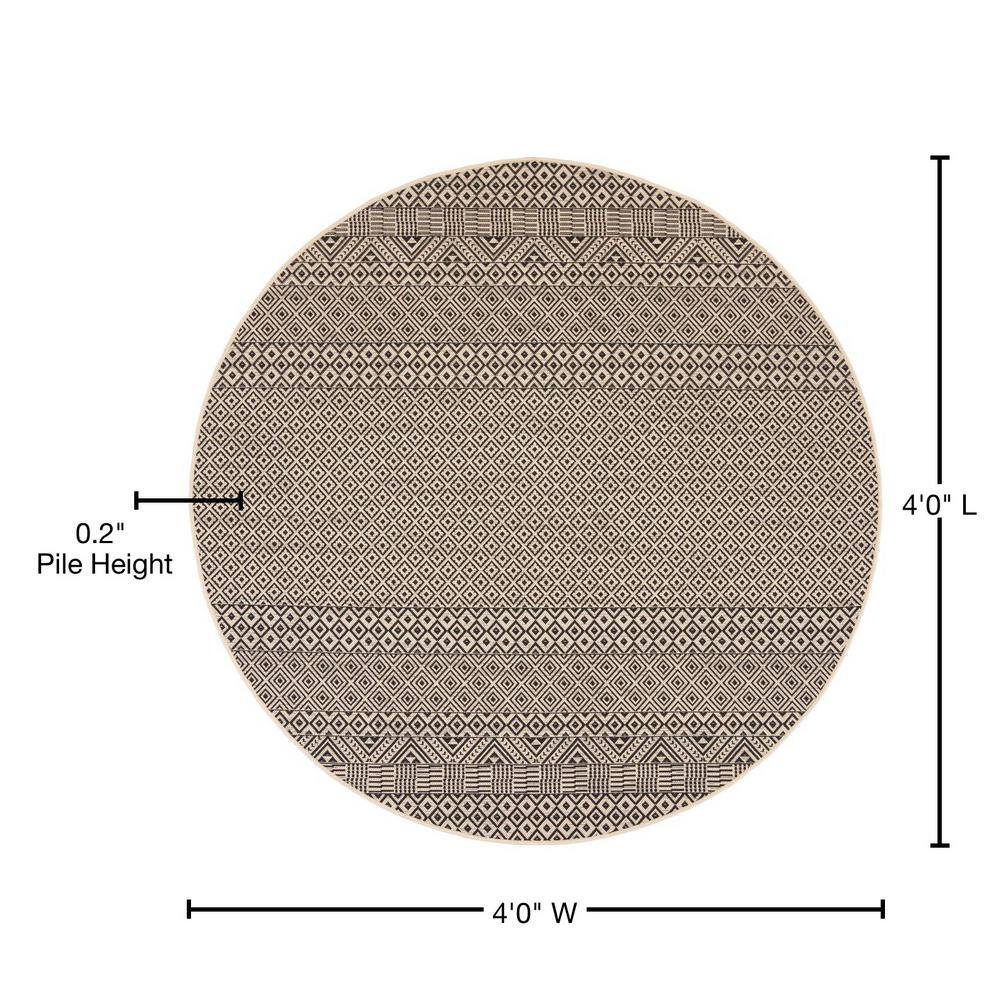Beige and Black 4' Round Geometric Indoor/Outdoor Rug