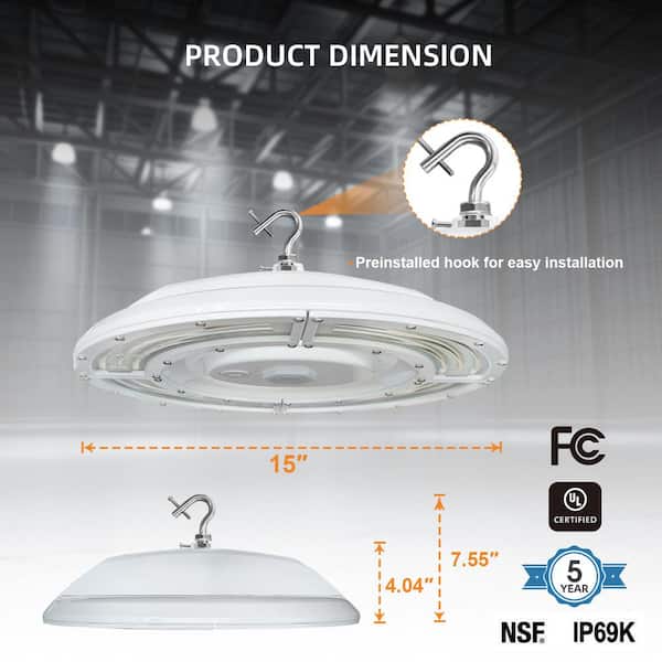 RUN BISON 15 in. White 30000 Lumens Integrated LED Dimmable UFO High Bay Light Fixture NSF Certified 50000K Daylight