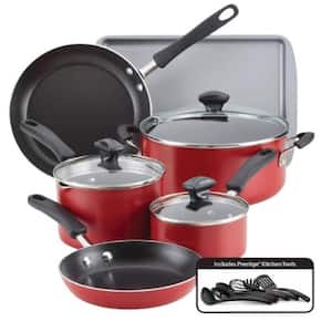15-Piece Aluminum Non-Stick Cookware Set in Red Aluminum Nonstick Cookware Set with Prestige Tools Set in Red