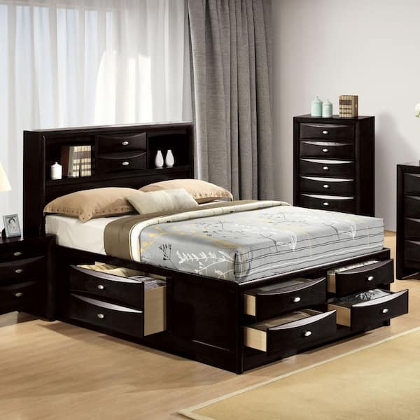 Lanten Black Wood Frame King Platform Bed with Footboard Drawers, Side Rail Drawers and Headboard Bookcase