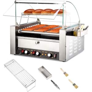 2000-Watt Stainless Steel Hot Dog Maker Indoor Grill 11 Rollers 30 Hot Dog Capacity with Bun Warmer