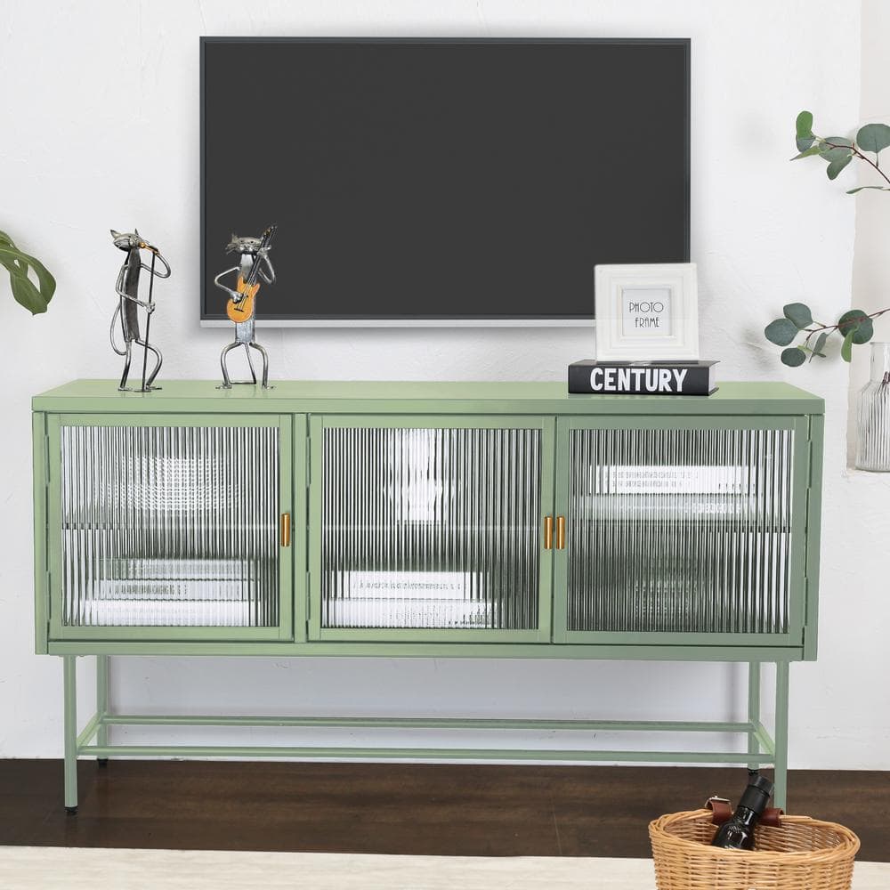 Mint Green Pantry Organizer with Wide Countertop Glass Doors Detachable She