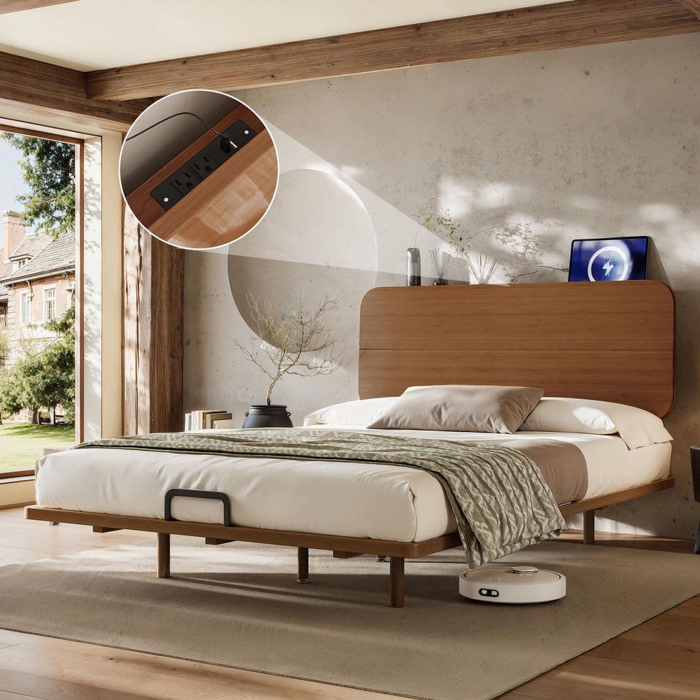 Brown Bamboo Frame Queen Size Platform Bed with Tall Headboard, Support Slats price history on PriceWatchPro