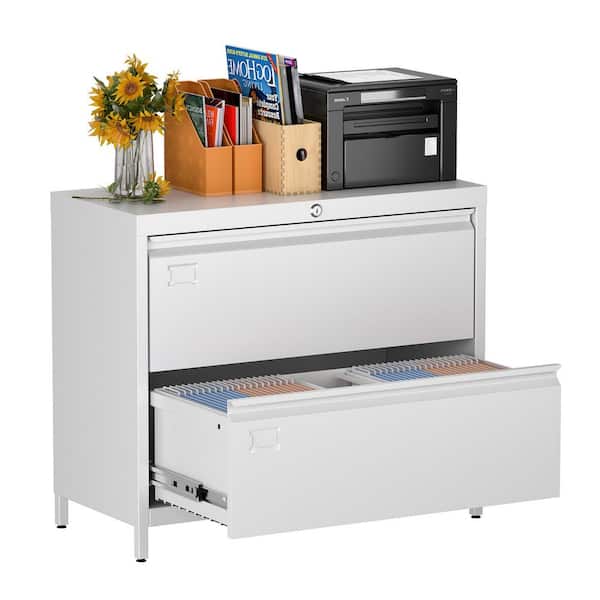 Kaikeeqli 34.5 in. W x 29.5 in. H x 16 in. D 2-Drawer Wide Lateral File Cabinet, Metal Freestanding Cabinet with Lock in White