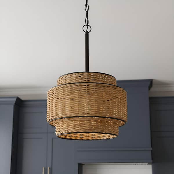 Teton 100-Watt 1-Light Matte Black Mini Pendant Light with Rope Shade