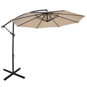 10 ft. Offset 8 Ribs Metal Cantilever Patio Umbrella with Crank for Poolside Yard Lawn Garden in Beige