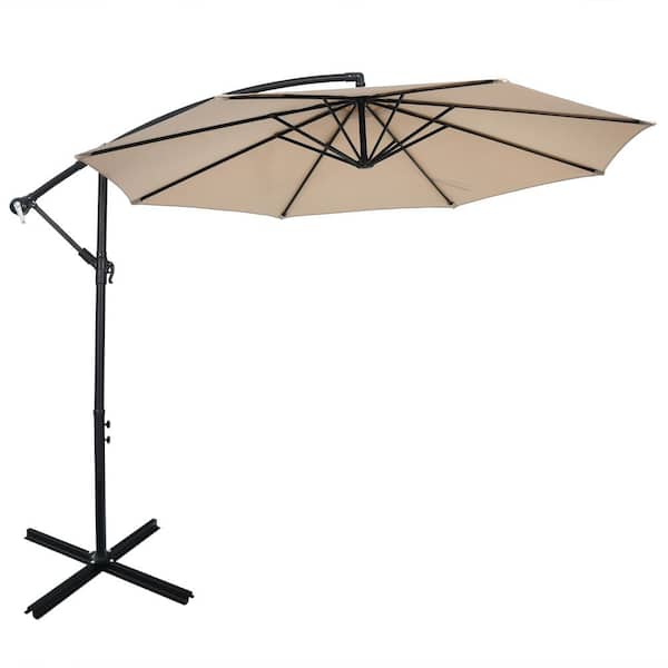 HONEY JOY 10 ft. Offset 8 Ribs Metal Cantilever Patio Umbrella with Crank for Poolside Yard Lawn Garden in Beige