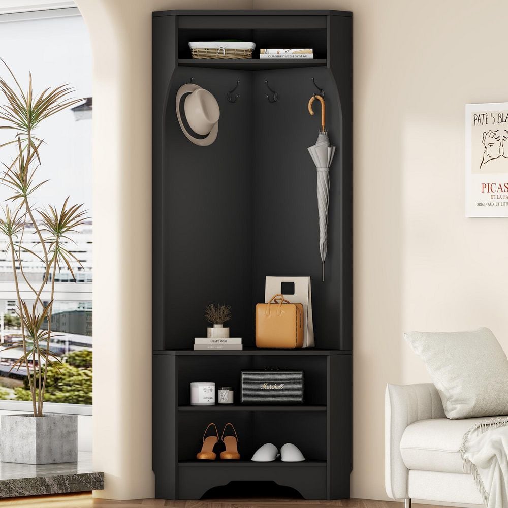 Harper & Bright Designs Black Entryway Minimalist Corner Hall Tree with ...