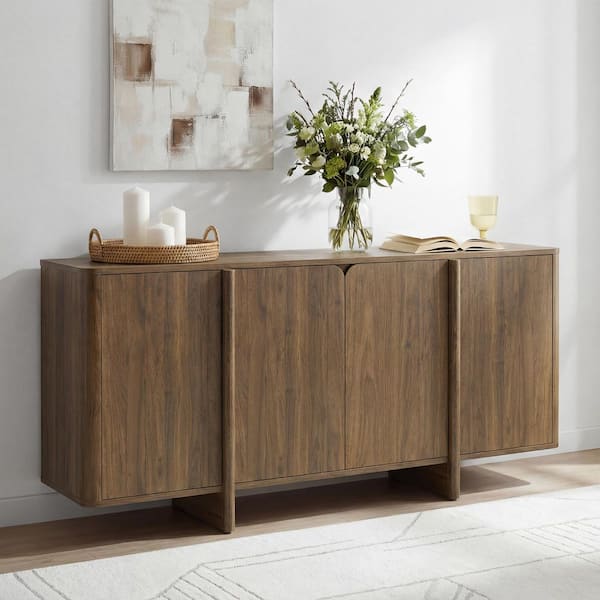 Ovan Walnut 66 in. 4-Door Wood Sideboard Buffet with Spacious Storage, Quiet Soft-Close Hinges, R50 Large Rounded Corner