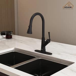 Single Handle Pull Down Sprayer Kitchen Faucet, Three-function Pull out Sprayhead, with Deckplate in Matte Black