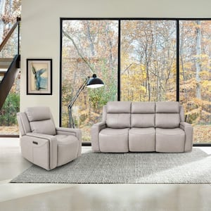 Claude 83 in. Light Grey Leather 2-Piece Dual Power Sofa and Recliner Set