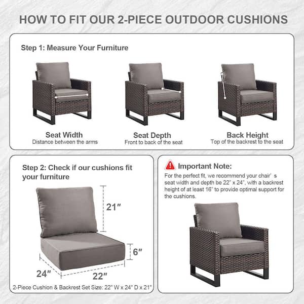 22 in. W x 24 in. D x 6 in. Thick Square 4-Piece Deep Seating Outdoor Lounge Chair Gray Cushion
