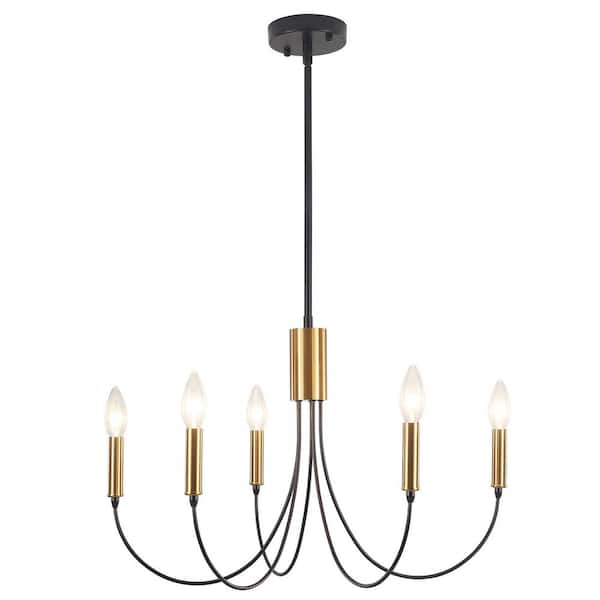 LWYTJO 23.62 in. 5-Light Black/Gold Modern Candle Chandelier for Bedroom Stairway with No Bulbs Included
