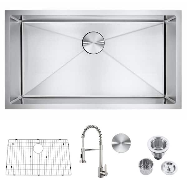 Attop All-in-One Stainless Steel 32 in. Single Bowl Undermount 18-Gauge Kitchen Sink with Pull Down Faucet