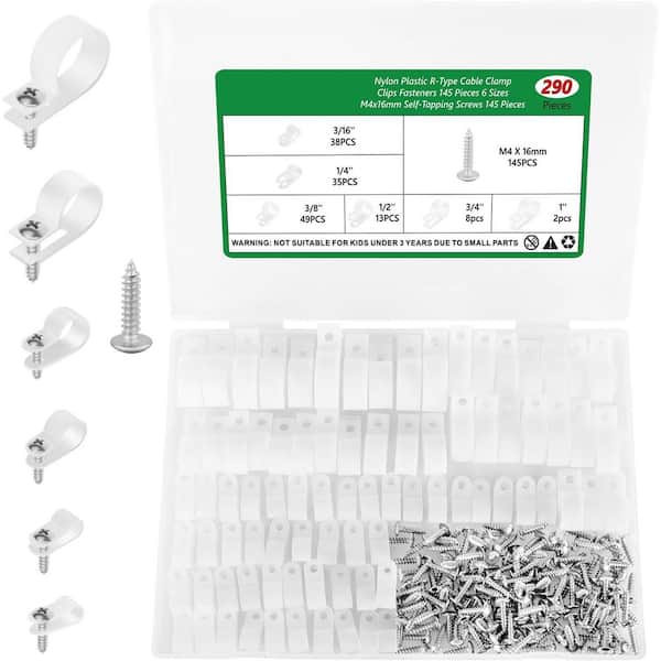 Nylon R-Type Cable Clips Cord Organizer Assortment Kit 6-Sizes 290-Piece White Plastic Screw Mounting Fastener