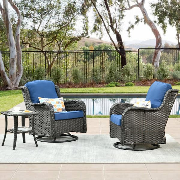 HOOOWOOO Oreille Brown 3-Piece Wicker Patio Conversation Swivel Rocking Chair Set with a Side Table and Navy Blue Cushions