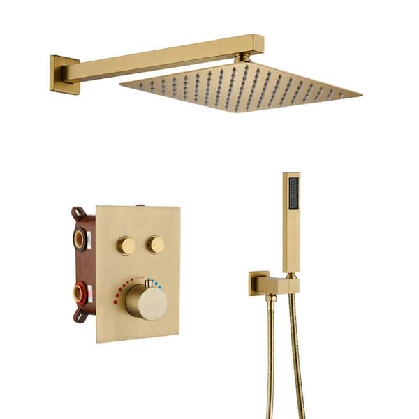 Mondawe 2-Spray Patterns 12 in. Wall Mount Rainfall Dual Shower Heads with Thermostatic Bathroom Showers in Gold