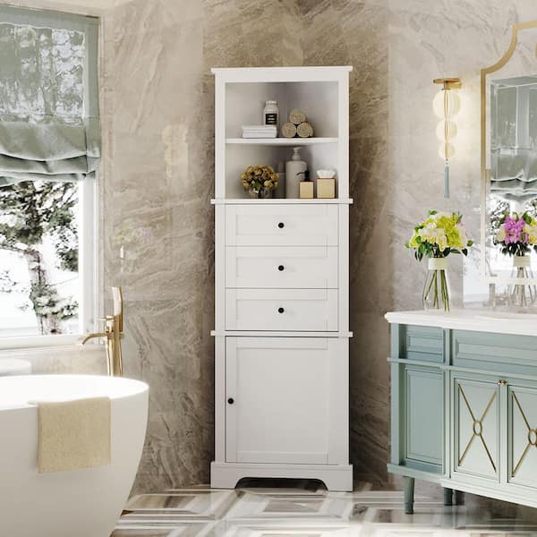 FAMYYT 23 in. W x 13.4 in. D x 68.9 in. H Corner White Linen Cabinet with Adjustable Shelve and Drawers
